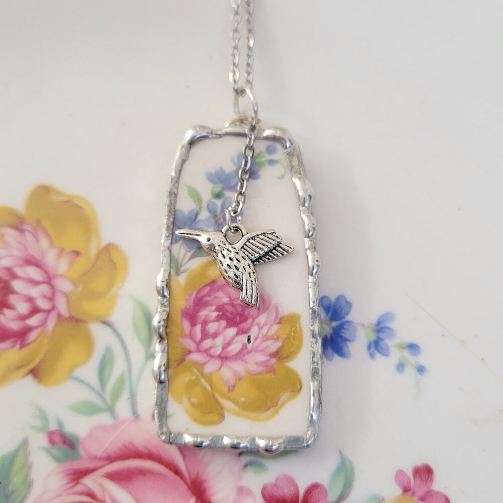 Gold & Pink Flower Broken China with Hummingbird Charm Soldered Pendant Necklace